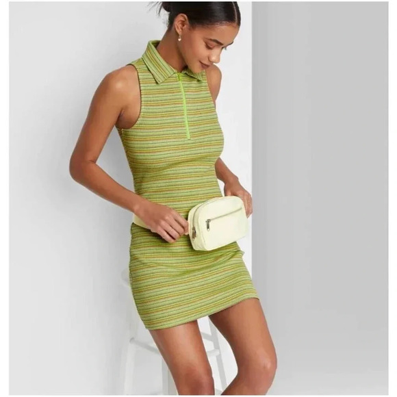 Wild Fable Women’s Polo Dress, Sleeveless Bodycon green striped - Size L - Picture 3 of 5